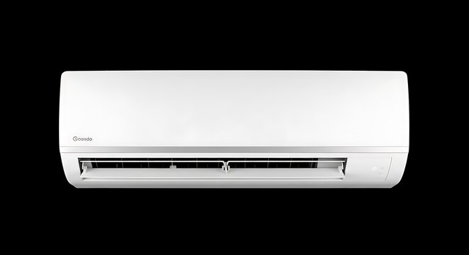 White wall-mounted air conditioning unit against a solid black background
