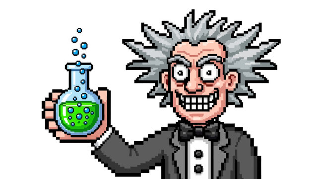 Mad Scientist Holding a Glowing Green Potion in a Flask.