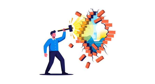 Man with sledgehammer breaking through brick wall symbolizing success.