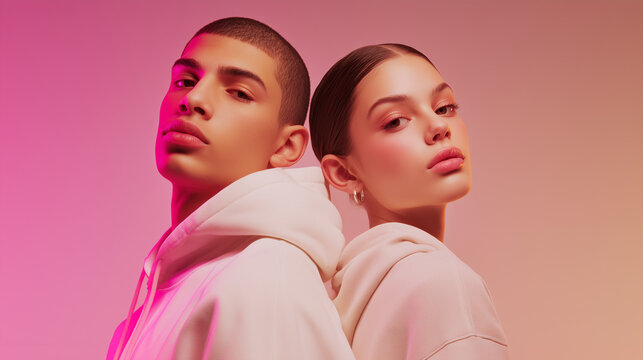 Two young models in cream hoodies pose back-to-back under vibrant pink and magenta neon lighting, showcasing flawless skin and modern Gen Z beauty editorial style.