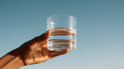 Dark-skinned hand holds clear crystal glass filled with pure water against bright blue sky, symbolizing hydration, refreshment, and healthy water balance on hot sunny day. © dinatychynska