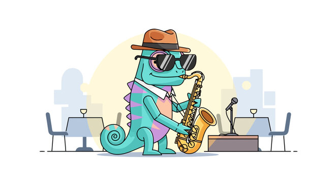 Cartoon chameleon playing jazz saxophone in nightclub wearing fedora and sunglasses against city backdrop in vector illustration
