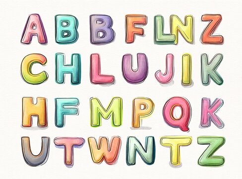Playful, colorful alphabet, individual letters with a 3D effect, soft pastel gradients