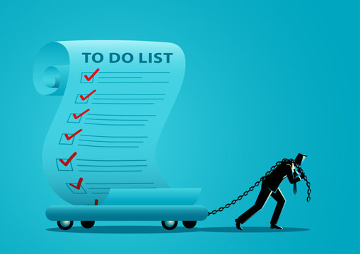 Overwhelmed Businessman Dragging Huge To Do List Burden Concept Illustration