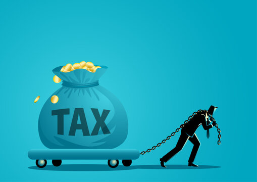 Tax Burden Businessman Dragging Heavy Money Bag Financial Pressure Concept