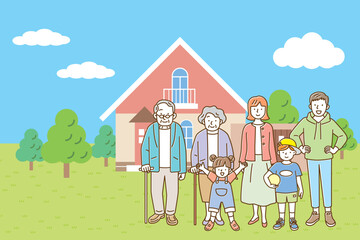 Naklejka premium 青空と家をバックに立つ、シンプルな三世代家族のイラスト