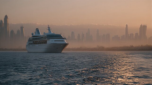 White cruise ship sailing past modern skyscraper skyline at sunset. Luxury maritime journey along urban waterfront. Travel adventure and city tourism concept.