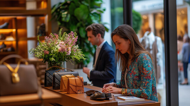 Affluent customer entering a high end luxury boutique with attentive staff and refined interior in an upscale retail setting