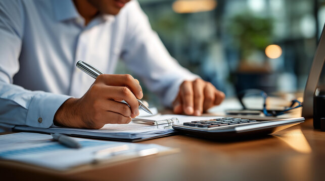 Procurement manager comparing three vendor offers at desk with notes calculator and product catalogs in B2B office