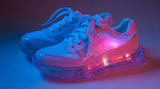 Fashion sneakers in neon pink and blue light, retro 80s minimal style 