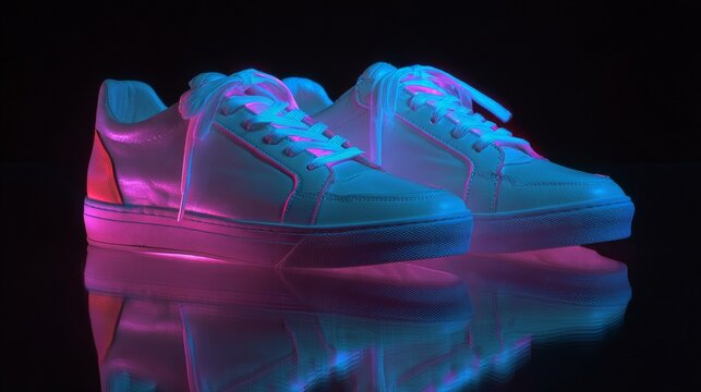 Fashion sneakers in neon pink and blue light, retro 80s minimal style 