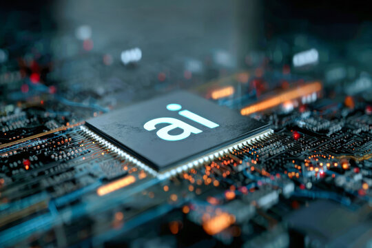 The scene features a computer chip displaying ai in a data center with a circuit board layout surrounded by digital elements and binary code patterns
