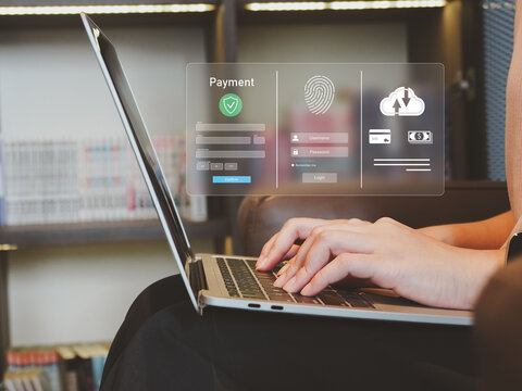 Online payment security on laptop with hand typing in home office and digital interface for login, fingerprint, cloud transfer