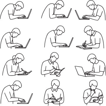 Diverse professionals working on laptops in minimalist line art illustration set