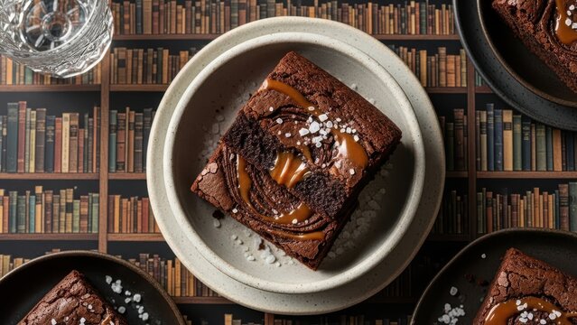 A rich chocolate brownie square drizzled with salted caramel and sprinkled with sea salt, served in a ceramic bowl against a vintage library bookshelf background
