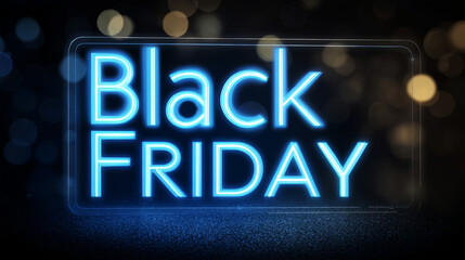 Fototapeta premium A glowing Black Friday neon sign stands out in a dark setting with a black podium in front, creating a dramatic atmosphere and highlighting promotional events