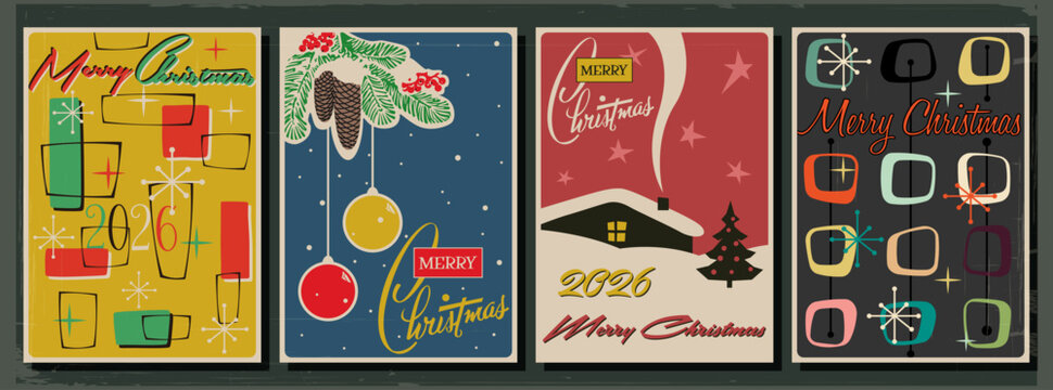 Mid Century Modern Christmas Greeting Cards, Atomic Age 1950s - 1960s Postcards, Merry Christmas Illustrations, Vintage Colors, Aged Paper Texture