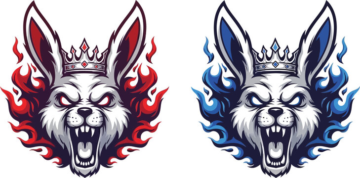 Aggressive crowned rabbit mascot heads with bared teeth and glowing eyes, one surrounded by red flames and the other by blue flames, depicted in a fierce cartoon style.