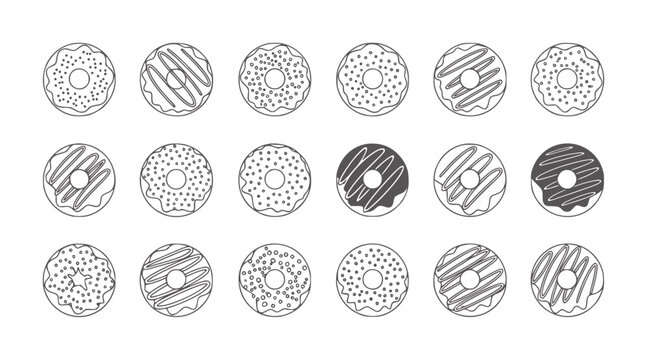Collection of outline and filled donuts with sprinkles and icing food sweet dessert