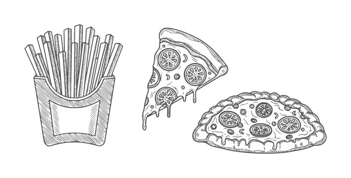 Hand drawn french fries pizza slice and calzone