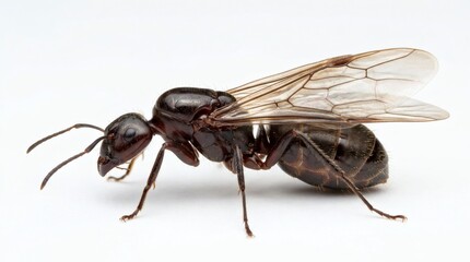 Fototapeta premium A large winged carpenter ant queen is isolated on a white surface.