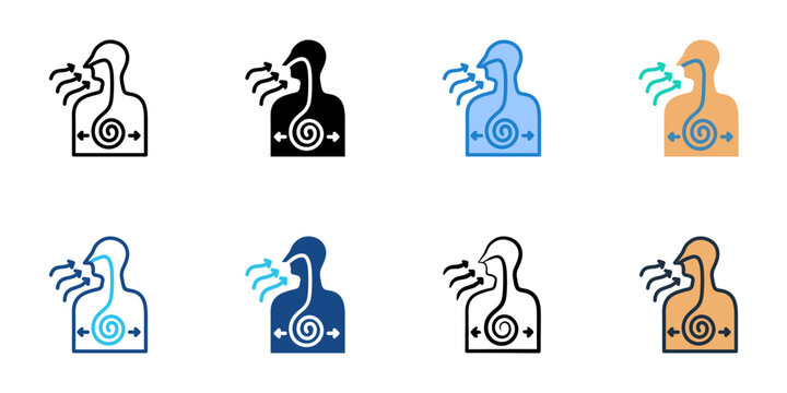 Diaphragmatic breathing icons set multiple style collection. Editable stroke 
