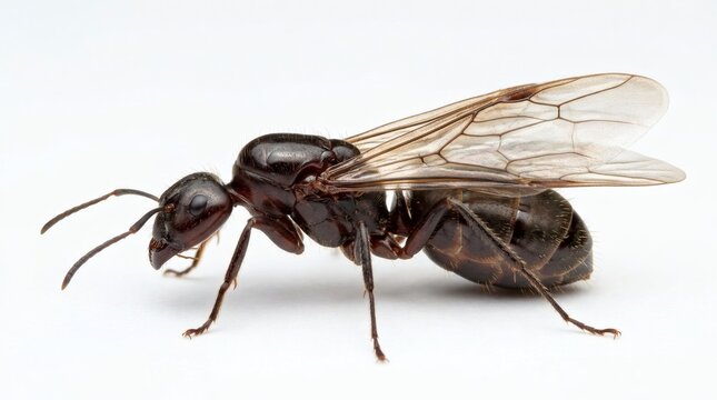 A large winged carpenter ant queen is isolated on a white surface.