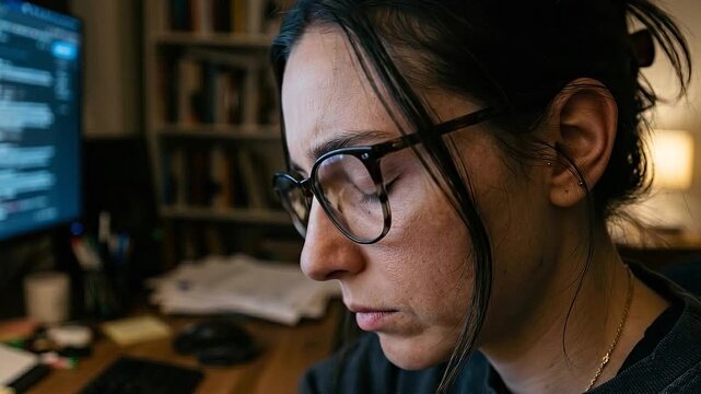 Digital fatigue portrait of woman wearing glasses dim desk with computer code and books late night focused screen remote coding and pensive expression