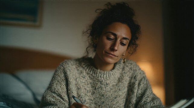 Woman writing in notebook on bed in cozy bedroom. Thoughtful journaling with pen under warm lamp light. Personal reflection and mindfulness concept for diary writing.