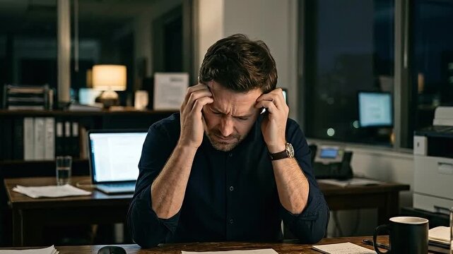Digital fatigue concept stressed businessman rubbing temples late night office laptop documents coffee cup overwhelmed by workload dim lighting
