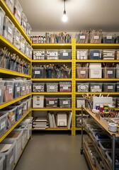 Fototapeta premium Organized art supplies on yellow shelves in a storage room.