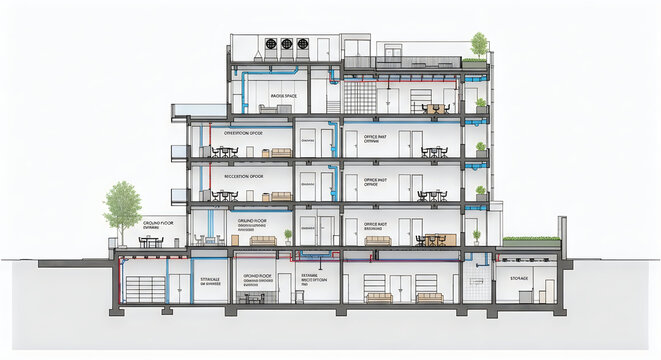 A detailed architectural drawing of a multi-story building