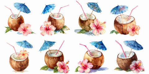 Watercolor tropical pattern of coconut cocktails with pink straws and blue umbrellas, hibiscus flowers and green leaves on white background, bright, summery and refreshing © Narin
