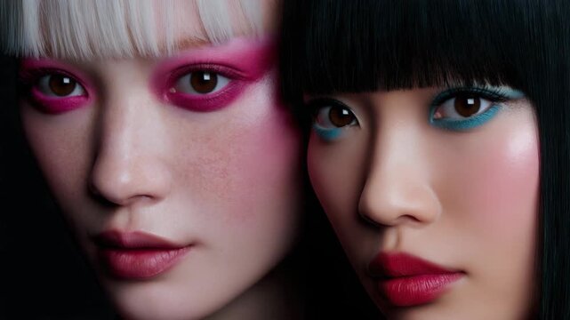 Close-up of two models with modern makeup and bright eyeshadow, showcasing bold beauty trends, vibrant colors, and expressive fashion styling.