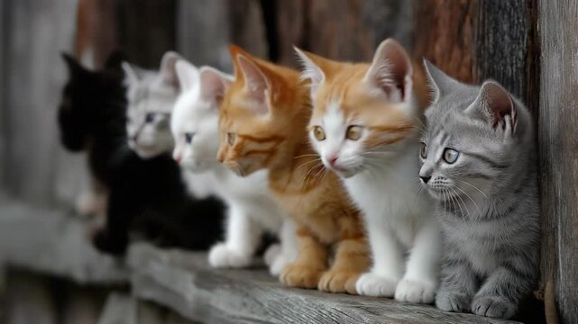 Close-up group of cute multicolored kittens looking at the camera, capturing playful charm, curiosity, and adorable pet companionship.