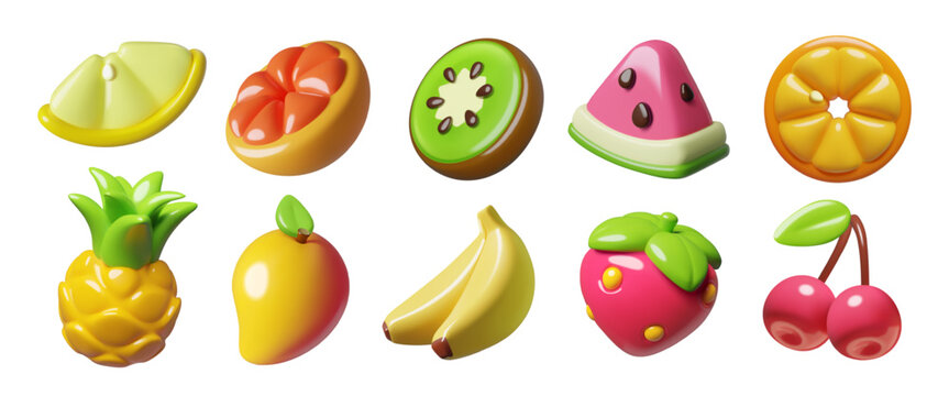 Fruits and berries 3D icons collection. Whole pineapple, mango, banana, strawberry and cherry, slices of lemon, kiwi, watermelon, grapefruit and orange cute vector summer stickers.