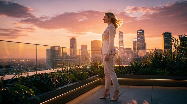 Successful Businesswoman Standing on Modern Rooftop at Sunset