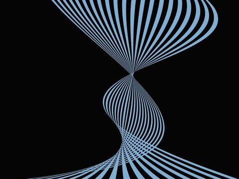 Abstract design featuring light blue, flowing curved bands converging and diverging symmetrically against a black background. These parallel lines gradually twist in the center, creating an optical il