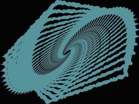 Abstract spiral design featuring a series of teal-colored, wavy lines radiating and intertwining from a central point, creating a dynamic, swirling effect. The pattern is set against a solid black bac