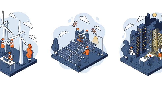 Eco wind sun power city smart grid dev site map art set icon info web