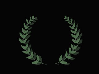 Illustration features a laurel wreath on a black background. The wreath consists of two symmetrical branches of green leaves, arching upwards to form a semicircle. Laurel wreaths, historically associa © ALEXO444