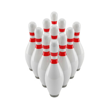 Group of bowling pins arranged in a triangular formation with one knocked down
