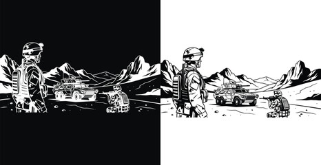 A soldier stands in front of a military vehicle in a mountainous landscape with a contrasting black and white background © Ehtsham