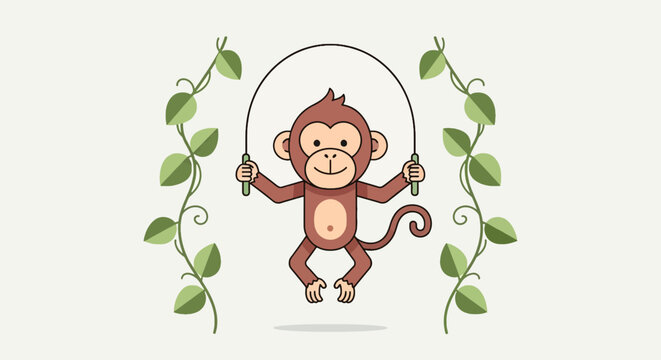 Cartoon monkey cheerfully jumping rope between jungle vines in vector art illustration against off white background; cute animal character