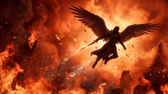 Celestial guardian stands amidst the inferno concept. A majestic angel descends amidst fiery chaos and destruction.