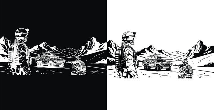 A soldier stands in front of a military vehicle in a mountainous landscape with a contrasting black and white background