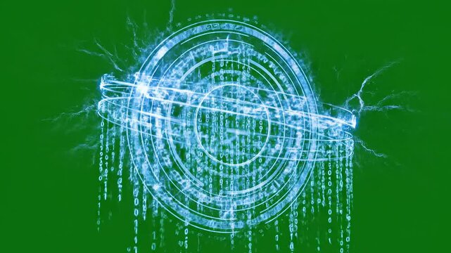 Futuristic hud digital interface hologram with binary data and electrical spark effects on green background