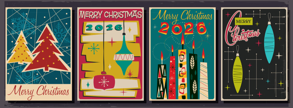 Mid Century Modern Christmas Greeting Cards, Atomic Age 1950s - 1960s Postcards, Merry Christmas Illustrations, Vintage Colors, Aged Paper Texture