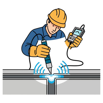 Industrial technician inspecting metal weld with ultrasonic tester, safety gear
