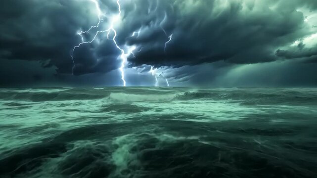 Camera view over a rough ocean under a lightning-filled stormy sky, capturing dramatic waves, intense weather, and the raw power of nature in a cinematic seascape.